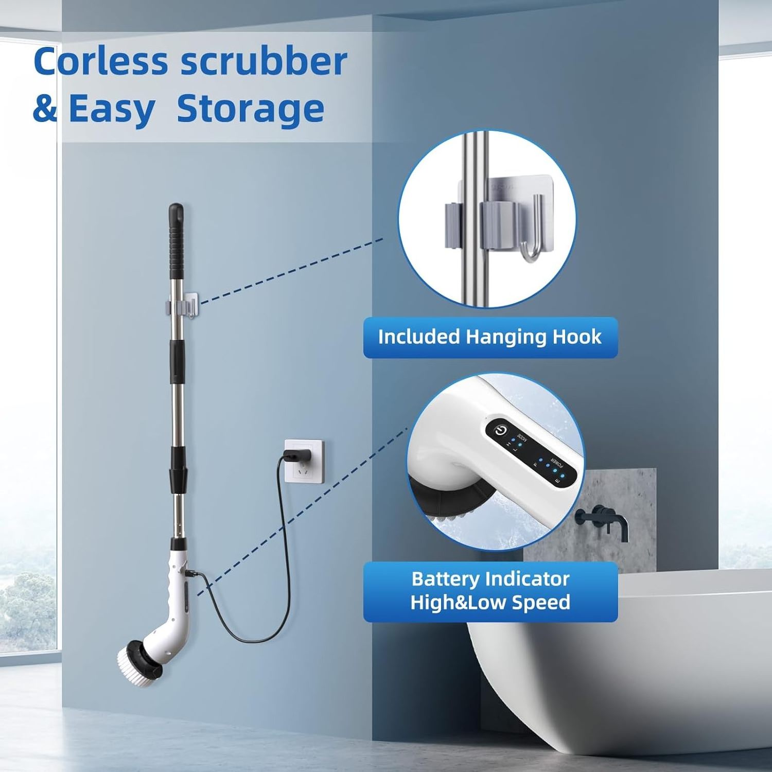 New Cordless Electric Spin Scrubber Adjustable Extension Handle Power Shower Scrubber for Bathroom Floor and Home Plastic Hand