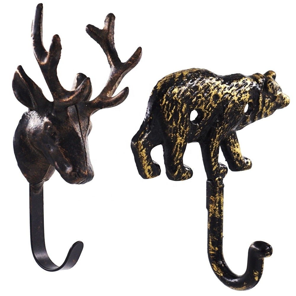 Vintage Farm Cast Iron Bear Deer Head Wall Mounted Cute Animal Shape Kids Single Coat Hooks