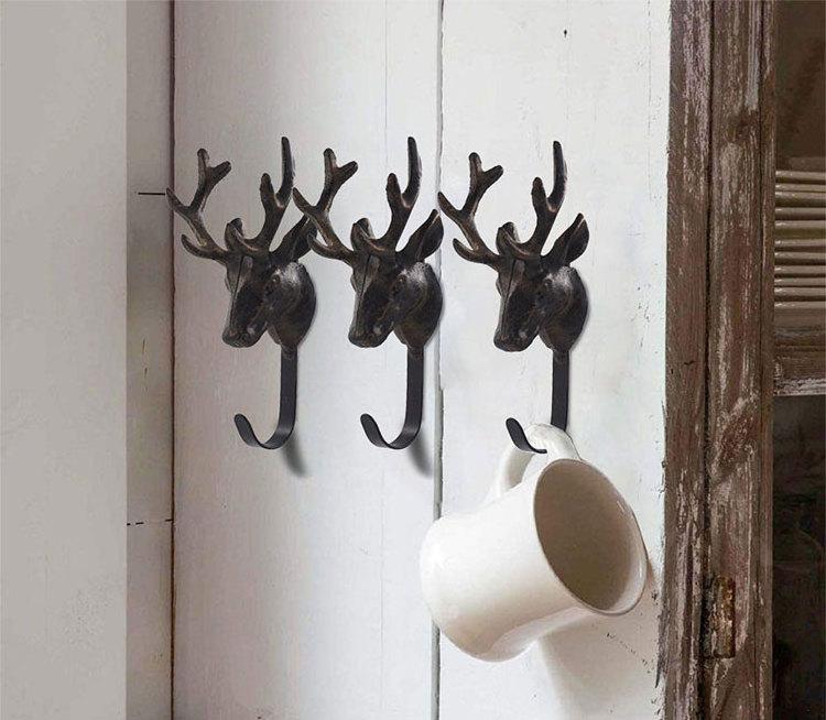 Vintage Farm Cast Iron Bear Deer Head Wall Mounted Cute Animal Shape Kids Single Coat Hooks