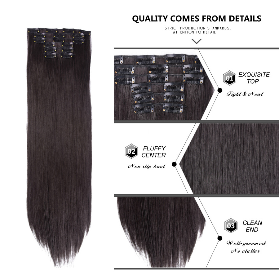 Long Straight Natural Black 16 Clip In Hair Extension 6 Pcs/Set 16 Clips Synthetic Hair Piece For Women 24 Inch 140G