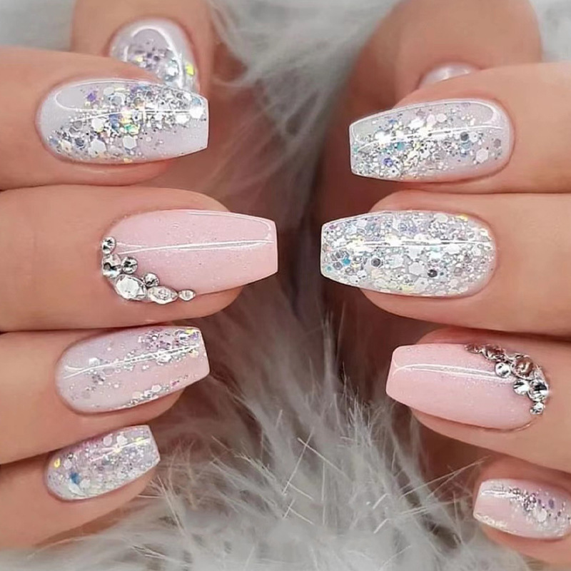 Wholesale Short Ballerina Coffin Silver Rhinestone Glitter Press On Nails With Nail Glue For Nail Beauty