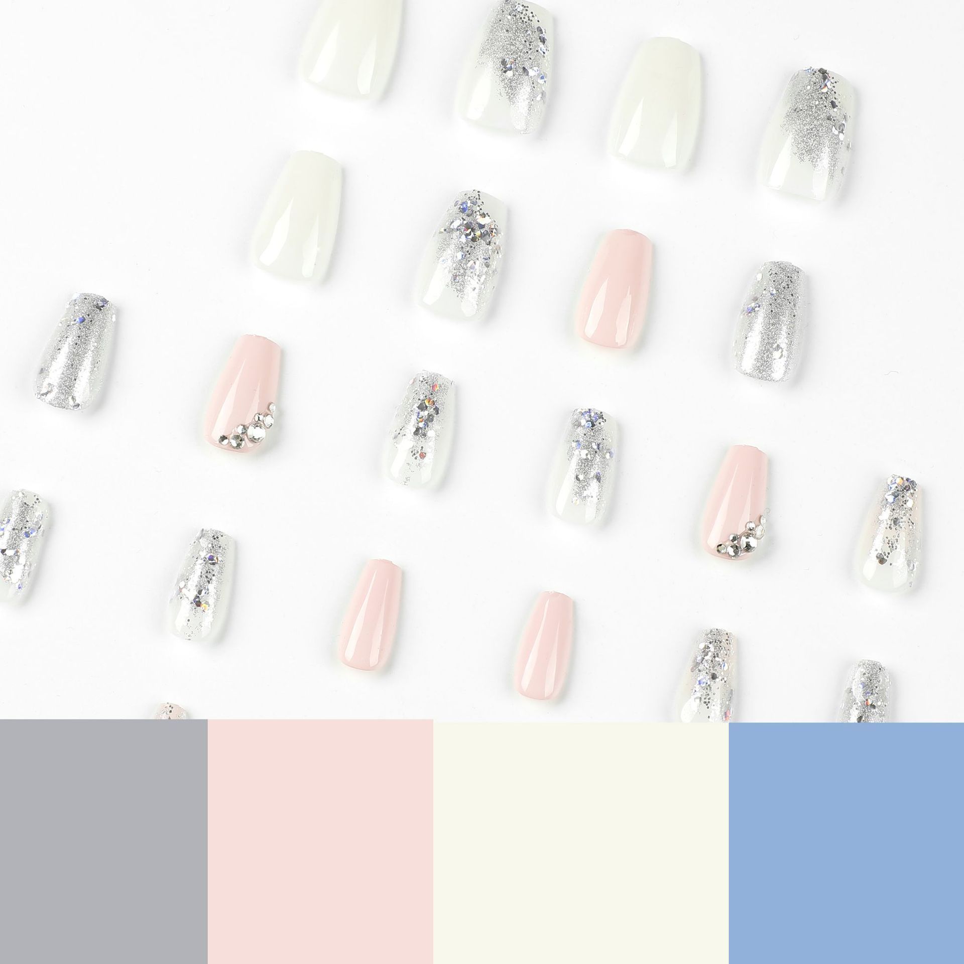 Wholesale Short Ballerina Coffin Silver Rhinestone Glitter Press On Nails With Nail Glue For Nail Beauty