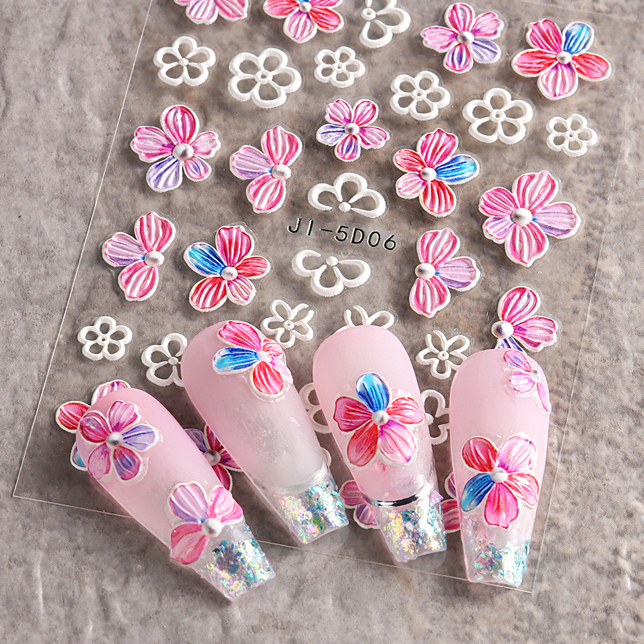 Summer Nail DIY Decorations 5D Embossed Pink Flower Nail Stickers For Beauty Nail Art