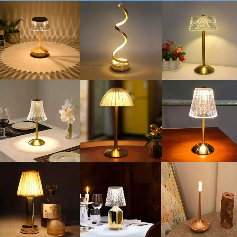 Modern Luxury Metal Crystal Home Decor Night Light Touch USB Restaurant Battery Rechargeable Cordless Battery Led Table Lamp