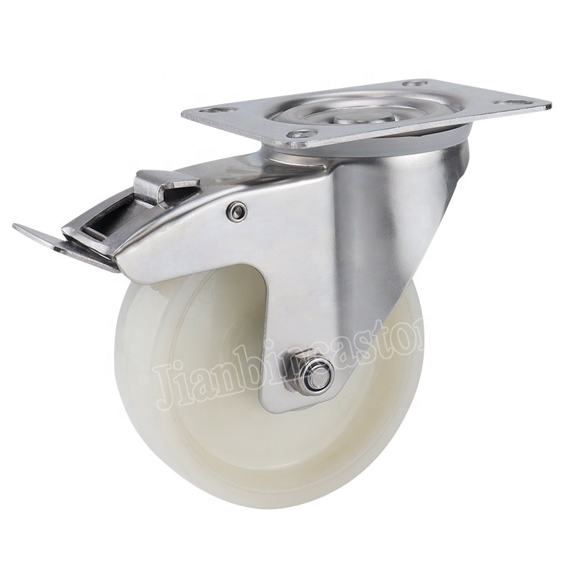 3 4 5 Inch Side Swivel Thread Brakes Trolley Cart Caster Wheels Stainless Steel PU Medium Duty Furniture Caster Wheel