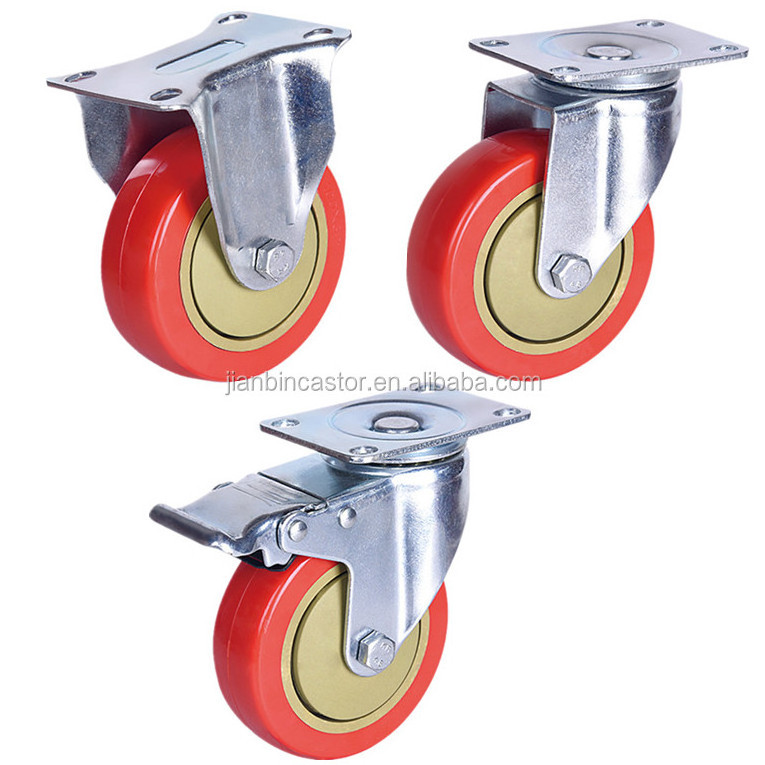 Universal Medium Duty 2.5 3 4 5 6 Inch Heavy Duty Red PVC Fixed Swivel Wheel Castors Industrial Brake