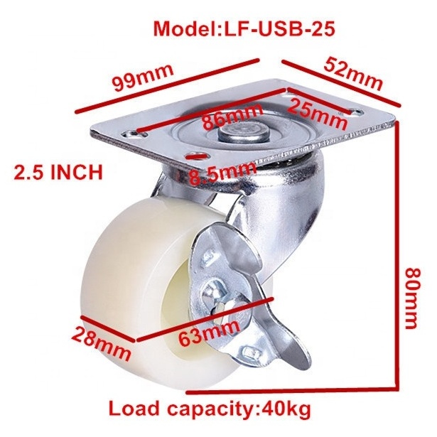 1.5inch 2inchThicken nylon casters 63mm PP caster wheel bed cabinet cart universal furniture casters