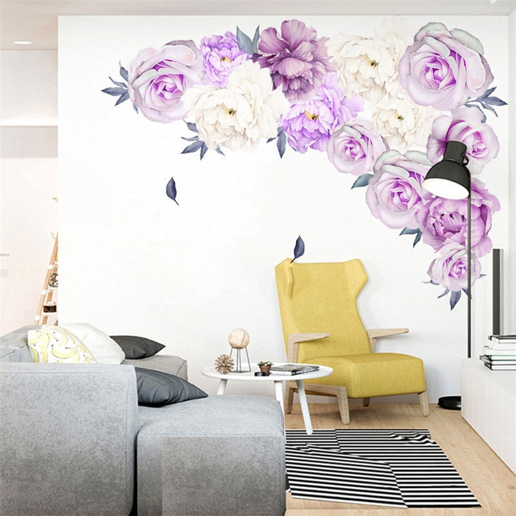 Purple And White Peony 13 Flowers Self-Adhesive Home Decoration Diy Wallsticker Wall Sticker For Bedroom Living Room Kids Room