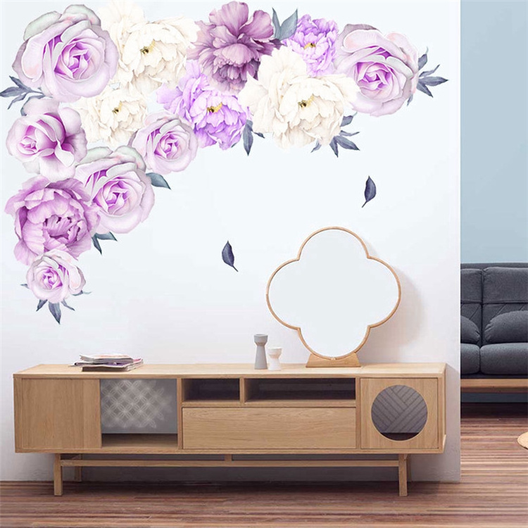 Purple And White Peony 13 Flowers Self-Adhesive Home Decoration Diy Wallsticker Wall Sticker For Bedroom Living Room Kids Room