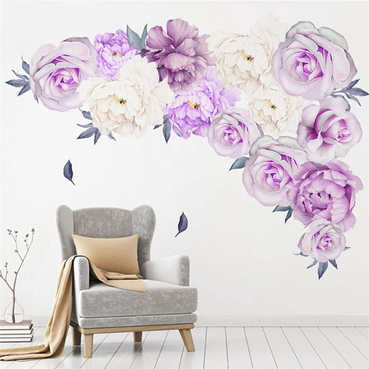 Purple And White Peony 13 Flowers Self-Adhesive Home Decoration Diy Wallsticker Wall Sticker For Bedroom Living Room Kids Room