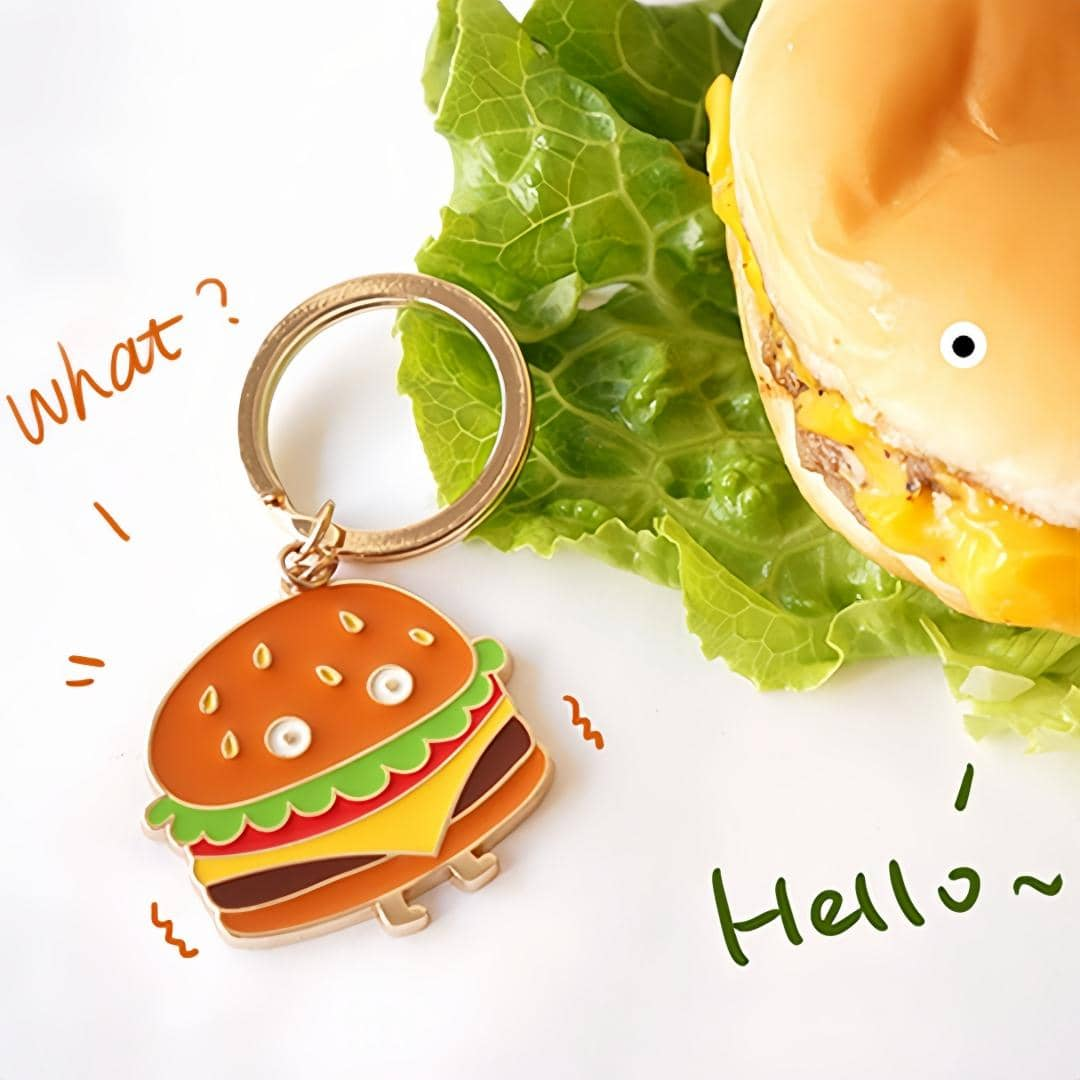 Fizzy Button Gifts Burger Keyring with Enamel Charm and Gold Tone Keychain Custom Keychains Laser Engraving Blanks