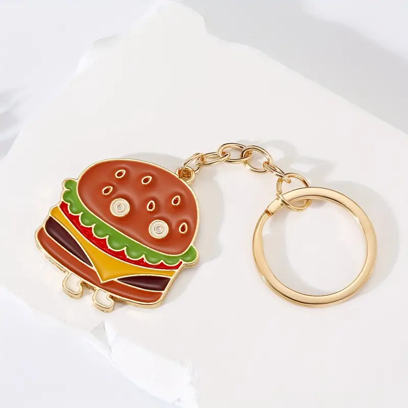 Fizzy Button Gifts Burger Keyring with Enamel Charm and Gold Tone Keychain Custom Keychains Laser Engraving Blanks