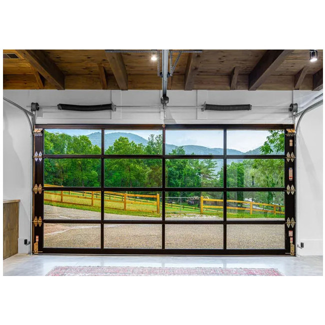 Automatic black aluminum frosted glass sectional sliding gate used commercial garage door