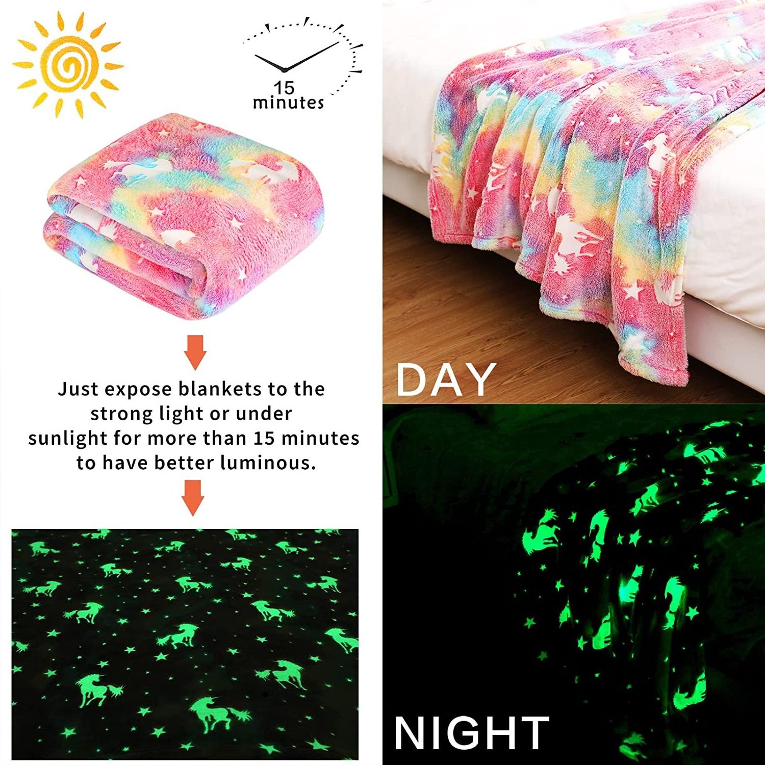 100% Polyester Flannel magic Luminous children blanket Customized Pattern Star unicorn Glow in The Dark Blankets for kids