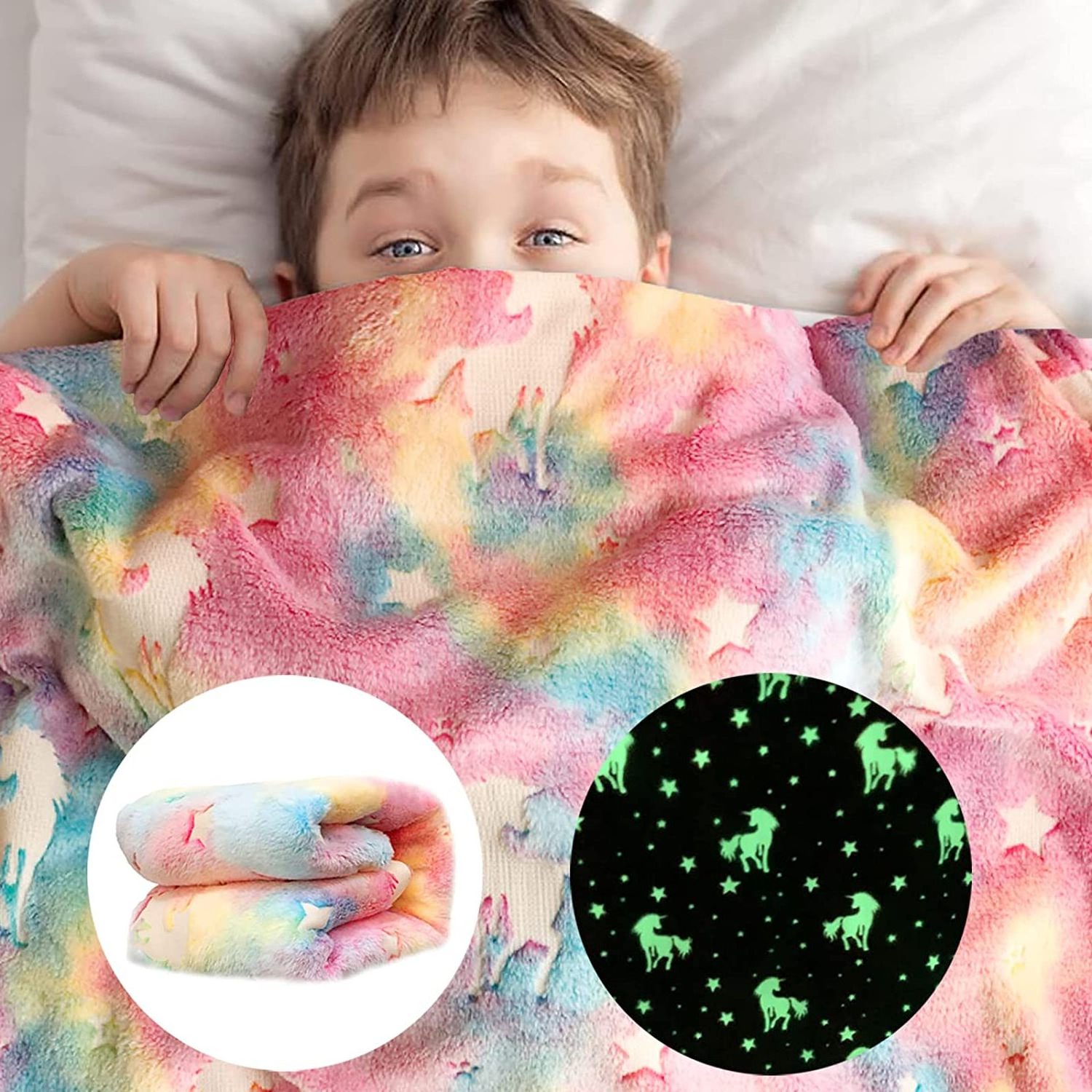 100% Polyester Flannel magic Luminous children blanket Customized Pattern Star unicorn Glow in The Dark Blankets for kids