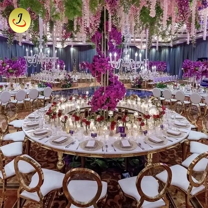 luxury hotel furniture stainless steel MDF top event table decoration gold serpentine table dining table for wedding used