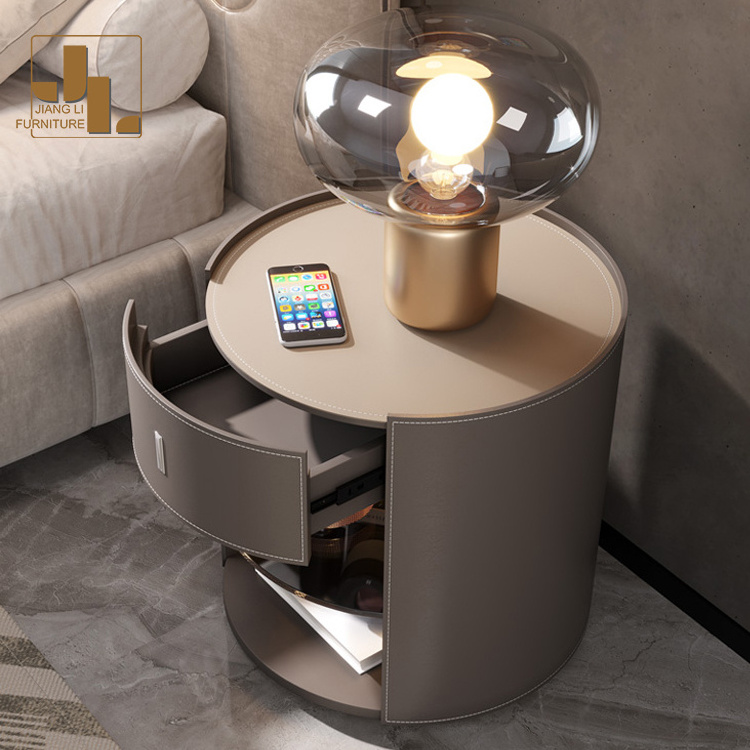 Luxury leather wood frame round bedside table hotel bedroom nightstand with drawers furniture