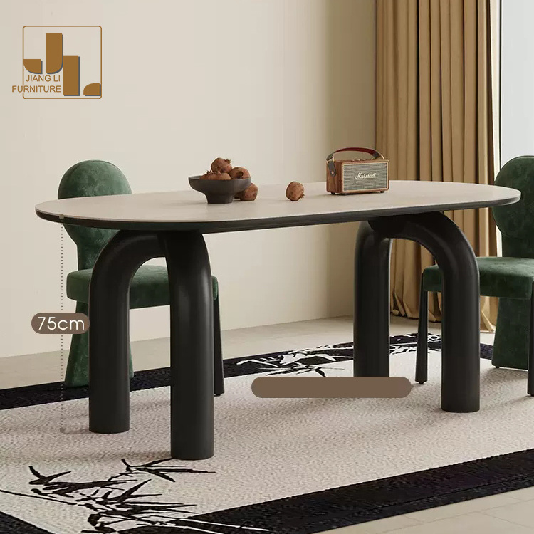 Modern simple arch design black oval dinning table nordic style hotel villa dining room table and chair furniture set