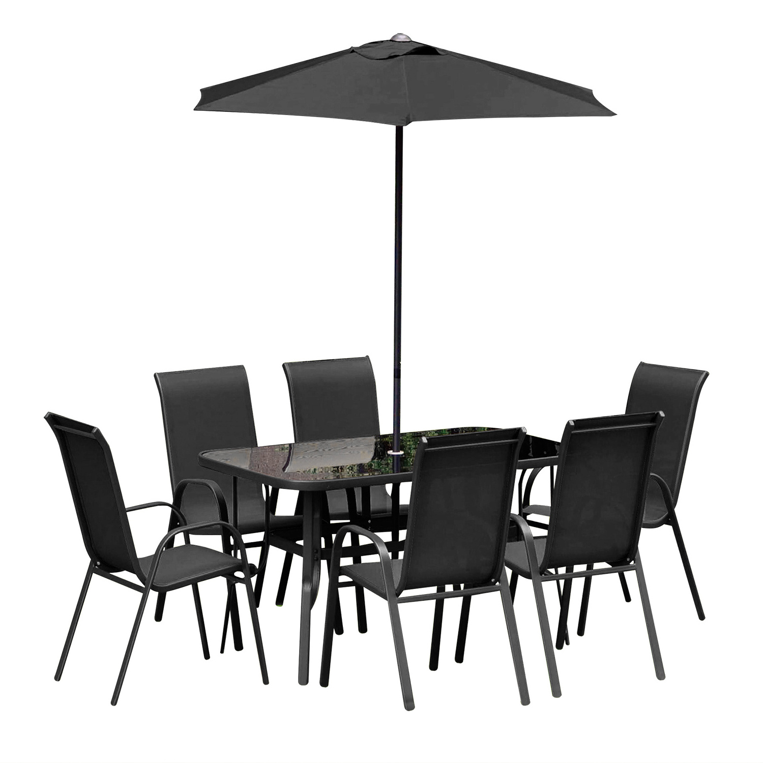 outdoor patio dining steel table and 6 stackable chairs garden bistro furniture set with umbrella