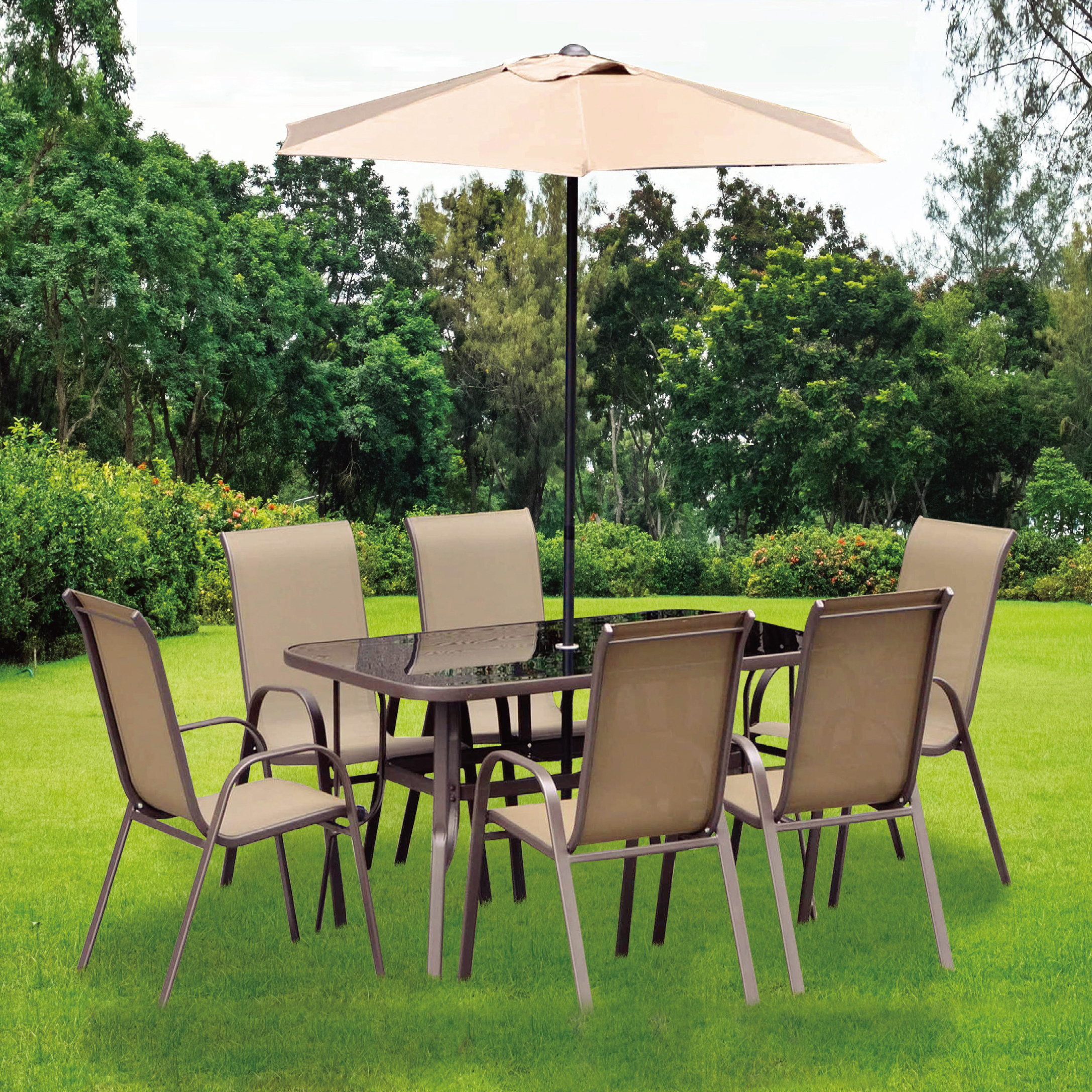 outdoor patio dining steel table and 6 stackable chairs garden bistro furniture set with umbrella