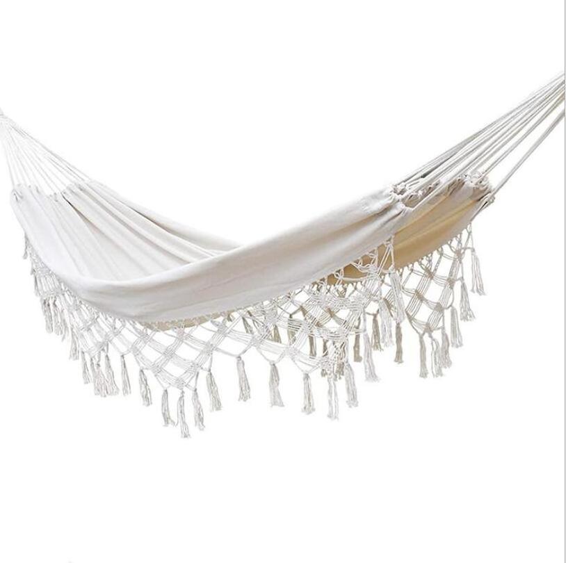 XXL Single Beige White Hanging Hammock Porch Swing Chair with with Tassel for Patio, Yard, Bedroom, Porch