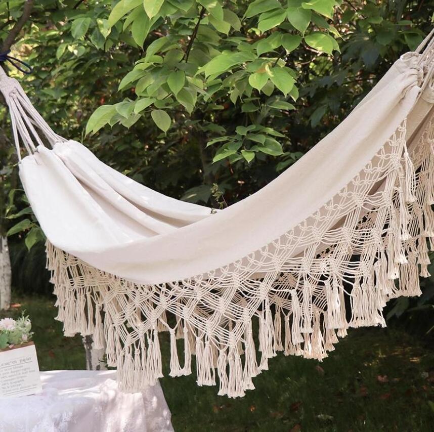 XXL Single Beige White Hanging Hammock Porch Swing Chair with with Tassel for Patio, Yard, Bedroom, Porch