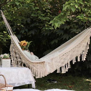 XXL Single Beige White Hanging Hammock Porch Swing Chair with with Tassel for Patio, Yard, Bedroom, Porch