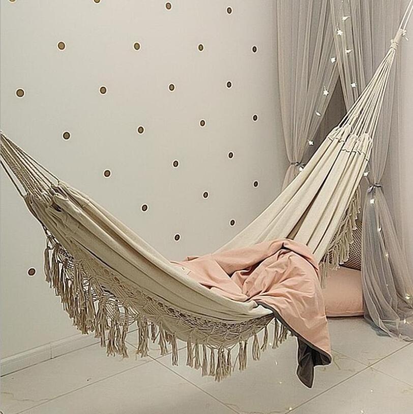 XXL Single Beige White Hanging Hammock Porch Swing Chair with with Tassel for Patio, Yard, Bedroom, Porch