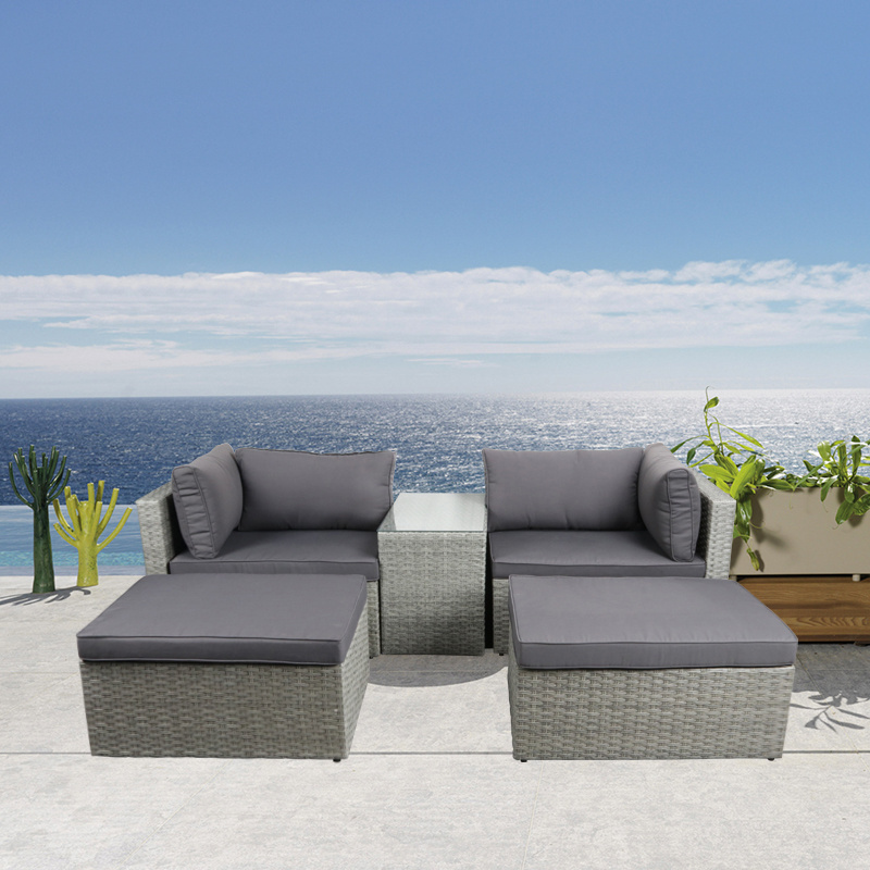 Combines style and functionality 5 Piece Patio Lounge Set with Cushions Poly Rattan Corner Ottoman and Tea Table