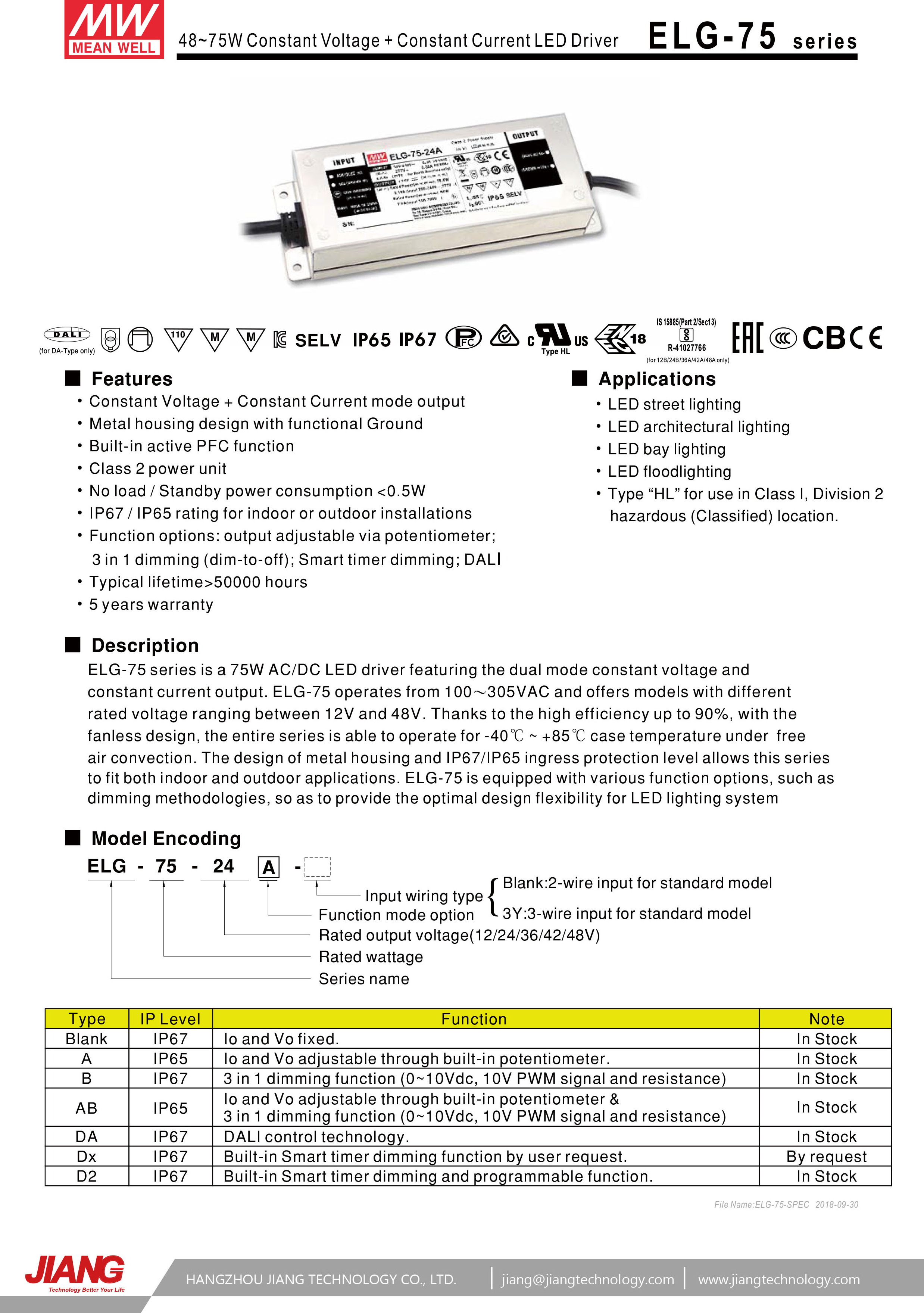 Mean Well ELG Switching Power Supply Led Driver 12V 24V 36V 42V 48V 54V 5A 4A 3A 2.6A 2A 1.8A 1.5A 75W 100W 150W 200W 240W 300W