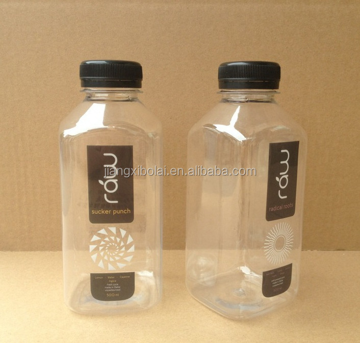 250ml 350ml 500ml 16oz. Plastic French square bottle juice beverage bottle with lids