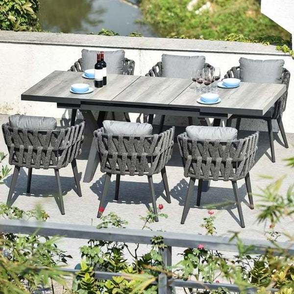 Garden Furniture 7 Pieces Table And Chair Set Extendable Ceramic Top Table Woven Armchair Aluminum Outdoor Furniture Dining Set