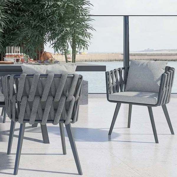 Garden Furniture 7 Pieces Table And Chair Set Extendable Ceramic Top Table Woven Armchair Aluminum Outdoor Furniture Dining Set