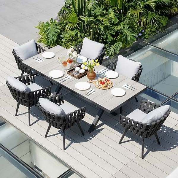 Garden Furniture 7 Pieces Table And Chair Set Extendable Ceramic Top Table Woven Armchair Aluminum Outdoor Furniture Dining Set