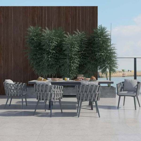 Garden Furniture 7 Pieces Table And Chair Set Extendable Ceramic Top Table Woven Armchair Aluminum Outdoor Furniture Dining Set