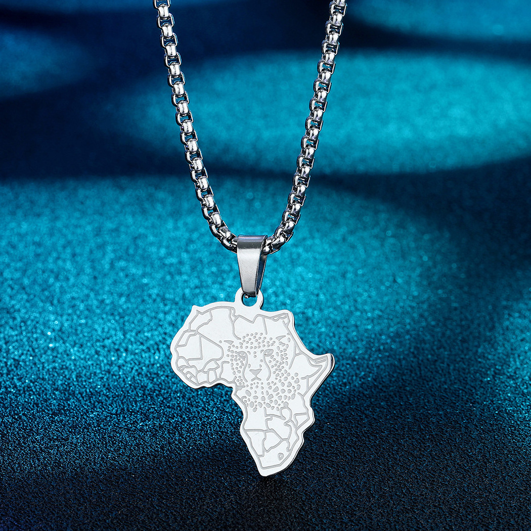 Popular wholesale hip-hop personalized Leopard African map stainless steel pendant necklace