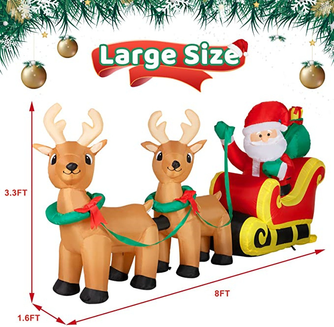 Christmas 8Ft Long Led Light Lawn Home Outside airblowen inflatables  Santa-Claus Sitting On Sleigh Reindeer