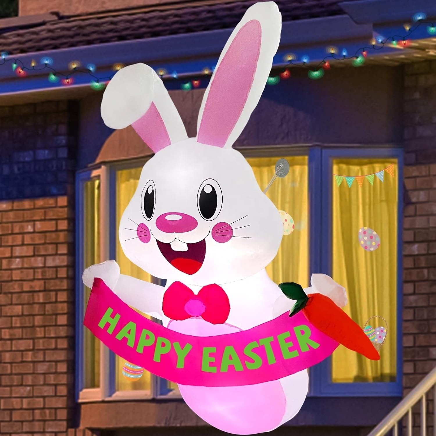 Easter Inflatable Outdoor Decorations Bunny Blow Up Lean Out From Window  with Built-in LED Lights Blow Up Yard