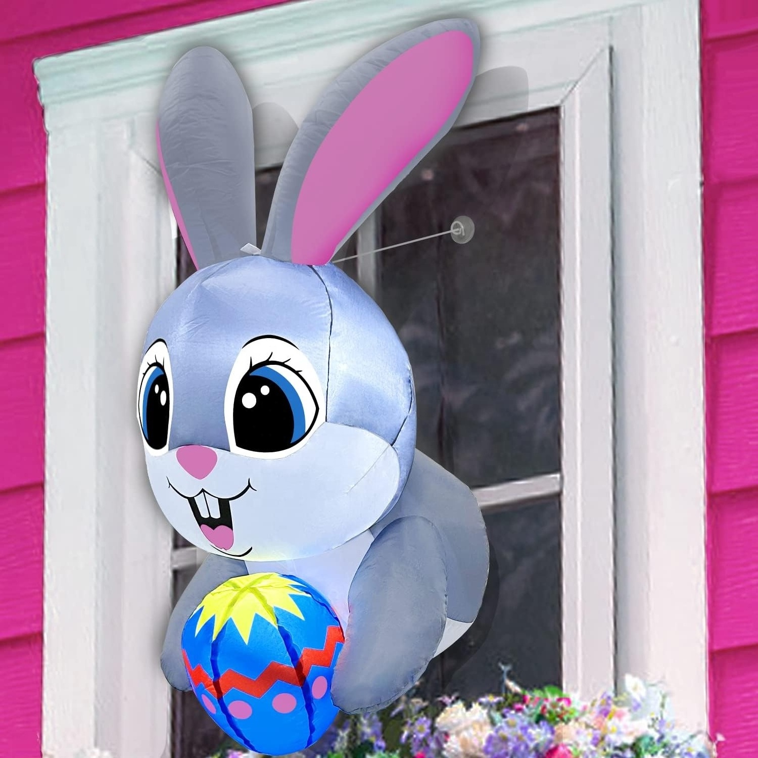 Easter Inflatable Outdoor Decorations Bunny Blow Up Lean Out From Window  with Built-in LED Lights Blow Up Yard