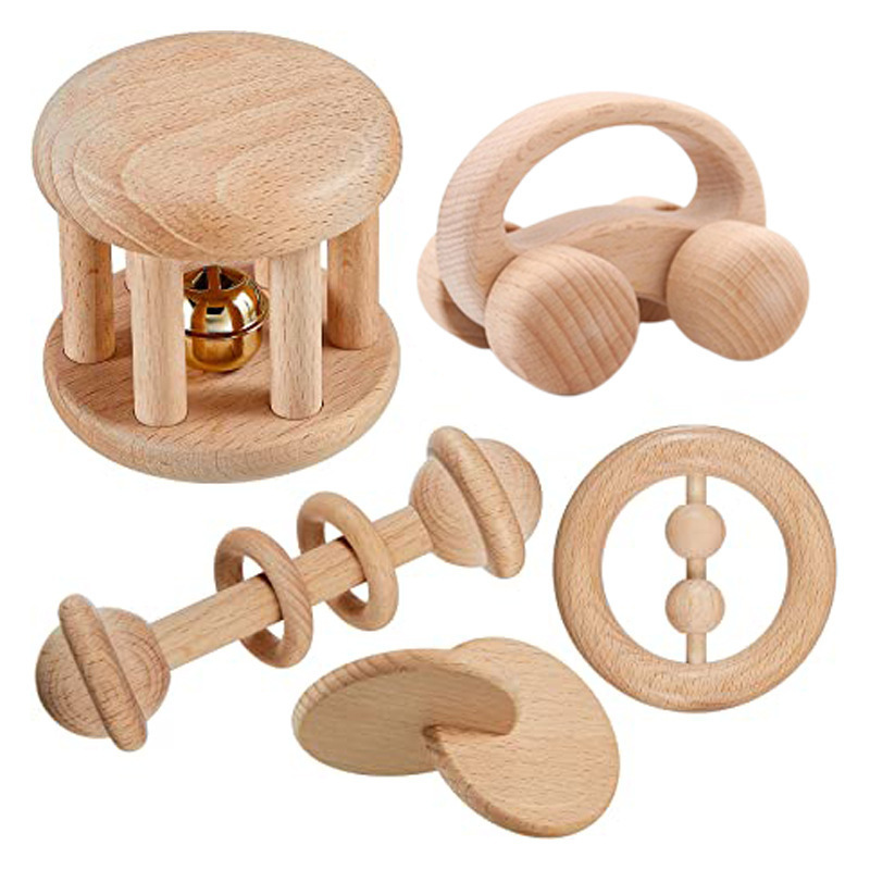 4 In 1 Baby Wooden Teething Rattle Toys Wholesale Multi Design Baby Teething New Baby toys