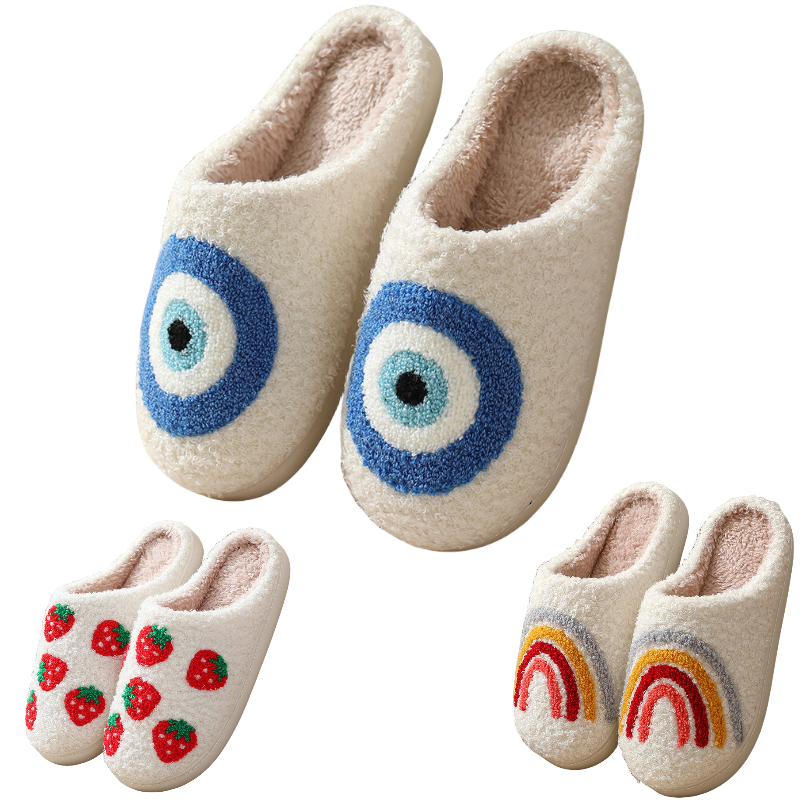 NEW 2023 styles Home Slippers hot sales women shoes cowboy flower eyes design happy face smile fur slippers plush slides