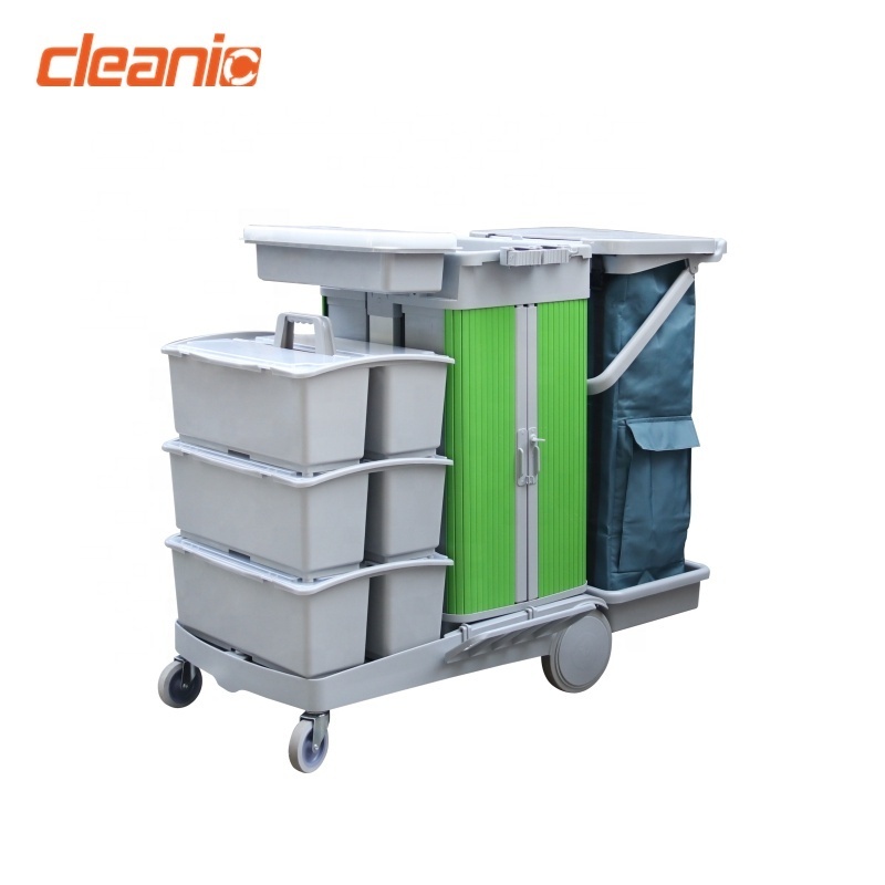 Color coded flat mop professional cleaning trolley janitor cart with locking cabinet and storage caddy