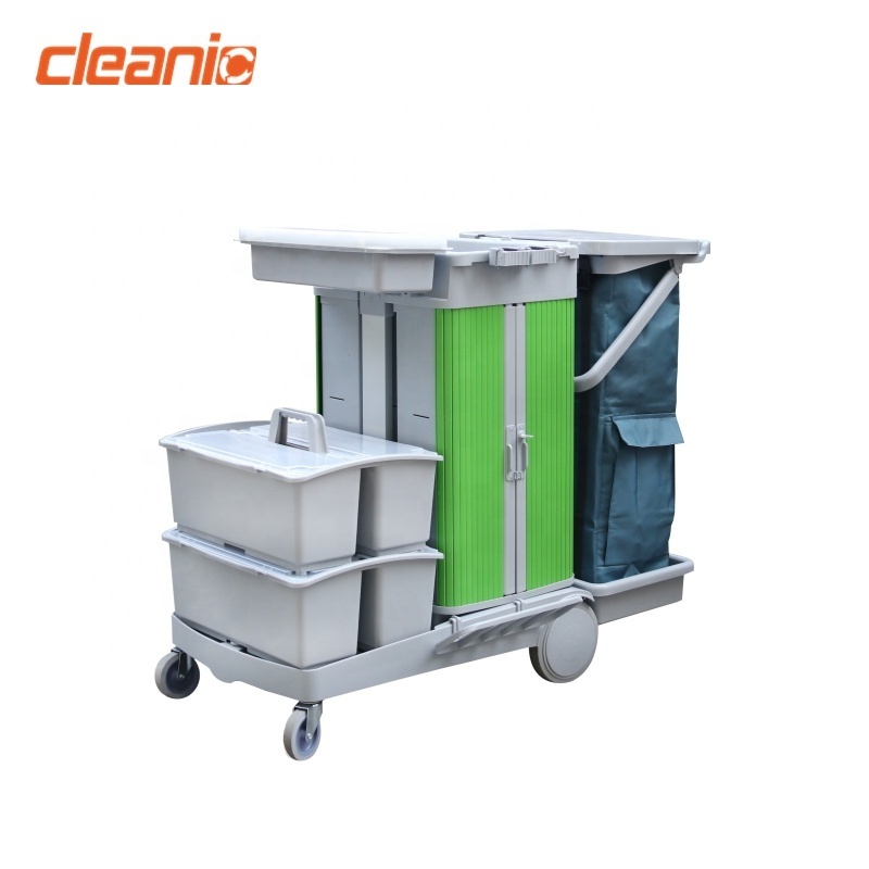 Color coded flat mop professional cleaning trolley janitor cart with locking cabinet and storage caddy