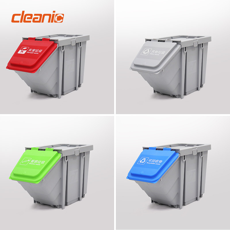 Custom recycle sticker 50 litre plastic stacking trash garbage separation recycling bins for compact cleaning trolley