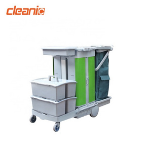 Double bucket locking cabinet flat mop industrial janitorial cart cleaning trolley with garbage bag