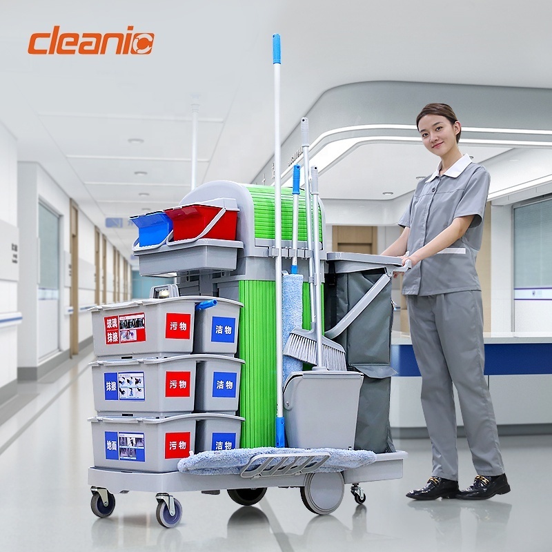 Double bucket locking cabinet flat mop industrial janitorial cart cleaning trolley with garbage bag