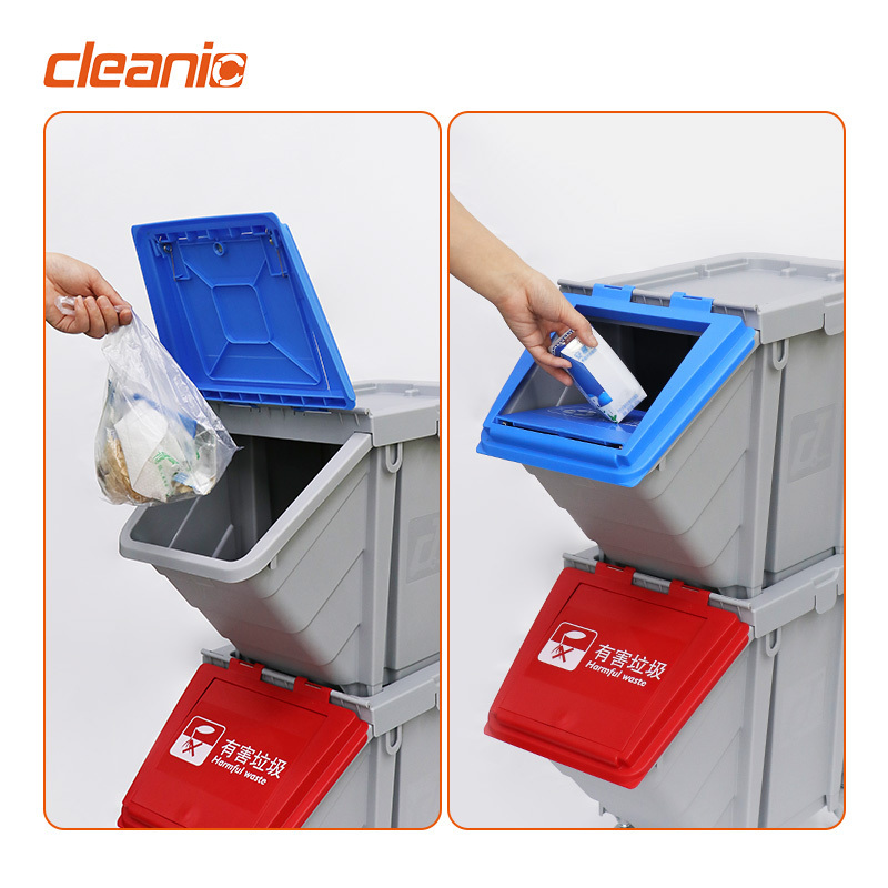 Custom recycle sticker 50 litre plastic stacking trash garbage separation recycling bins for compact cleaning trolley