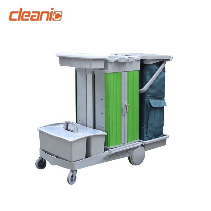 Color coded flat mop professional cleaning trolley janitor cart with locking cabinet and storage caddy