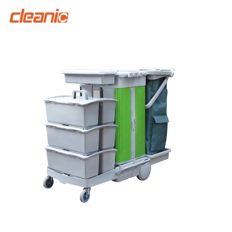 Double bucket locking cabinet flat mop industrial janitorial cart cleaning trolley with garbage bag