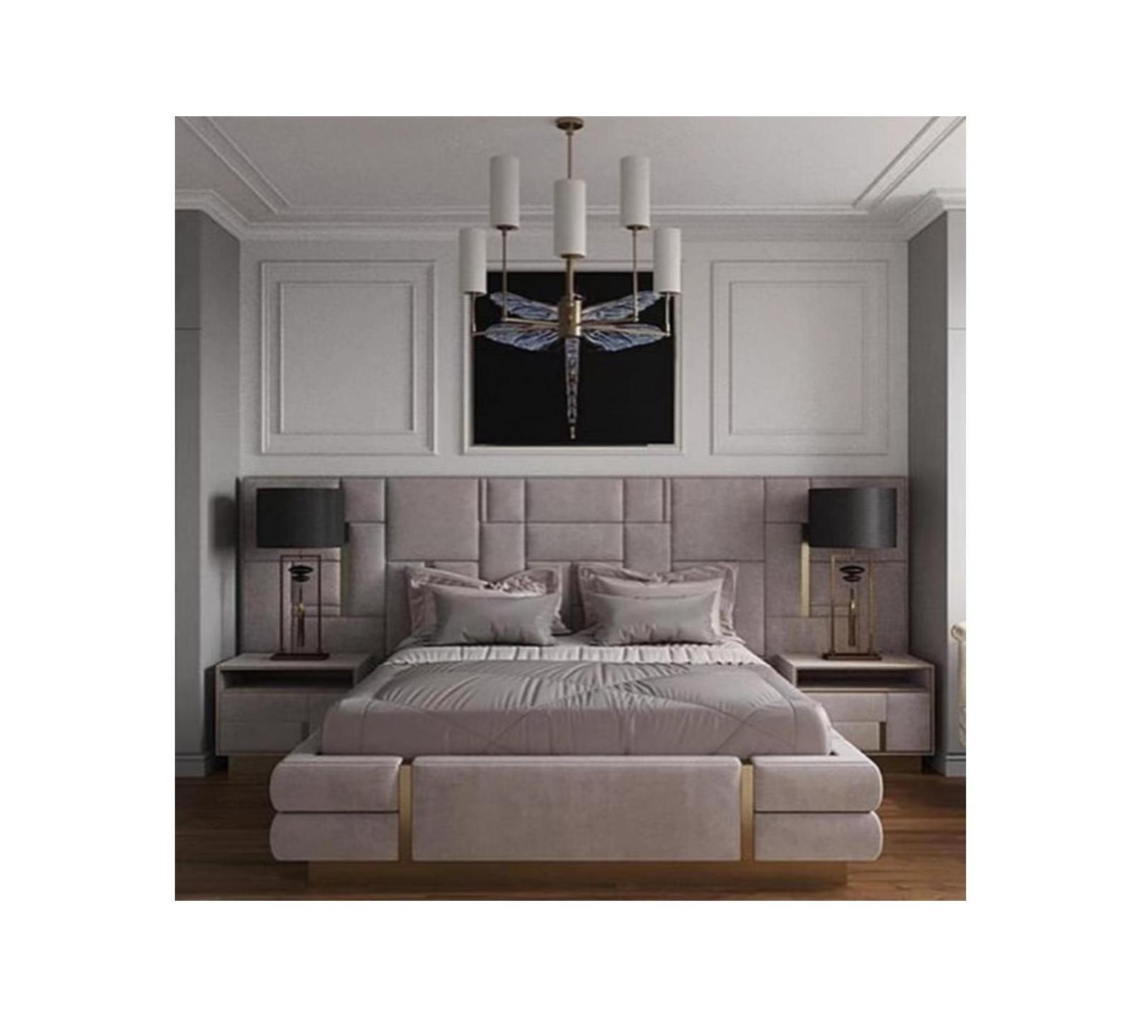 Italian Modern Bedroom Furniture King Size Sleeping Bed with Genuine Leather Soft Bed and Upholstered Headboard